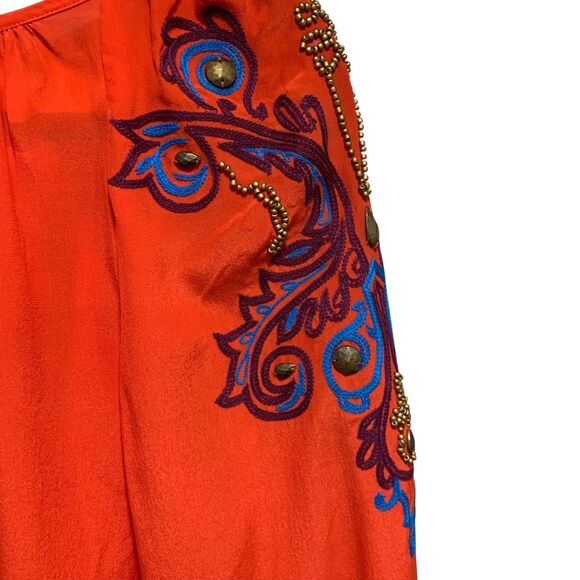 Nanette Lepore Womens Beaded Embroidered Paisley Detail Red Silk Blouse 6 Boho - Picture 10 of 11
